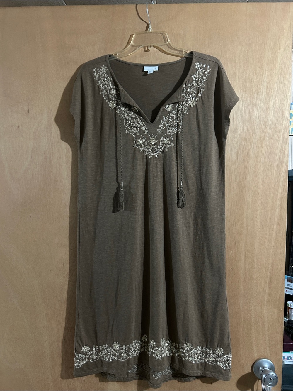 J Jill Embroidered Tassel V-Neck Women’s Tunic Dress - Brown